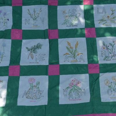 Pre-1959 Quilt top of each of the USA state's flowers