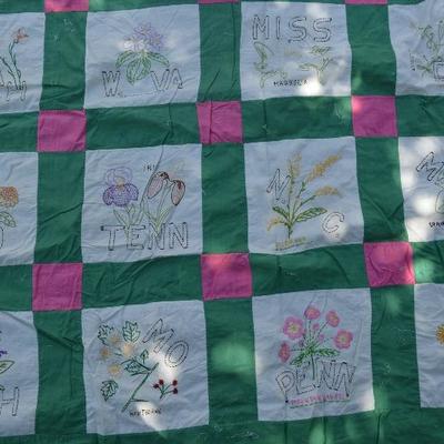 Pre-1959 Quilt top of each of the USA state's flowers