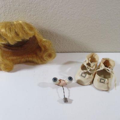Antique Doll Parts for 21" Doll Wig Glass Eyes and Shoes 
