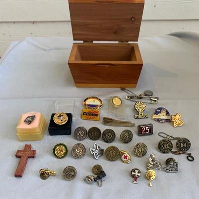Political, Texas Aggie. Religious pin lot with nice wooden box 