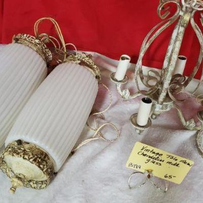 B189 Tole Metal Chandelier Milk Glass