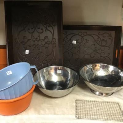 #k3.  Two wooden trays, SS colander, SS bowl and misc.