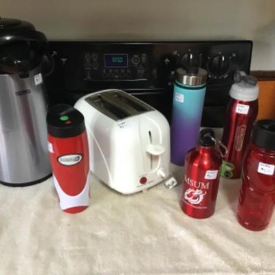 #k5.  Toaster, thermos, five drink containers