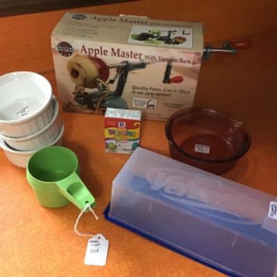 #k13. Apple slicer-peeler, three white cups and miscellaneous
