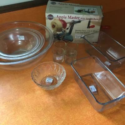 #k15. Apple peeler-slicer, Pyrex bowl sets, bread pans and miscellaneous