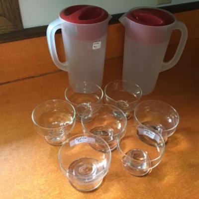 #k17. Seven glass dishes, two pitchers