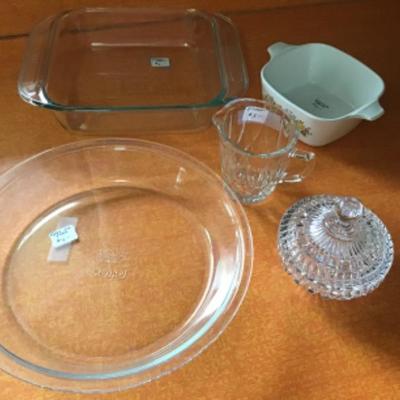 #k18.  Pyrex pie and square pan, small corning ware, candy dish and pitcher