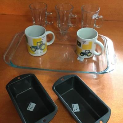 #k24.  9 x 13 Pyrex pan, two small bread pans, two John Deere mugs, three glass mugs