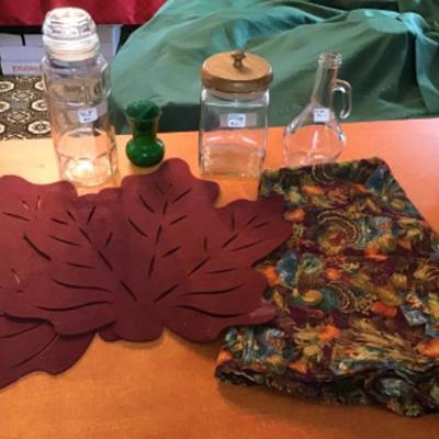 #k39.  Fall tablecloth, two leaf placemats and miscellaneous glassware