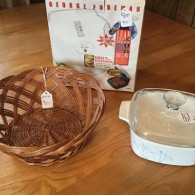 #k53.  George foreman (new in box), basket and corning ware