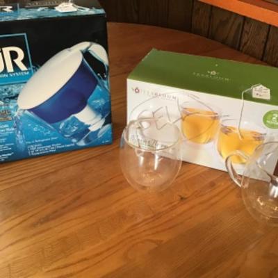 #k54. Pur water filtration pitcher (new in box) and two double wall glass mugs