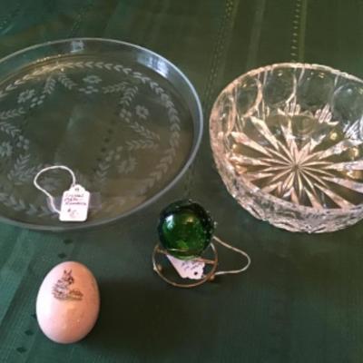 #k66.  Romanian glass tray, crystal bowl, green egg with holder