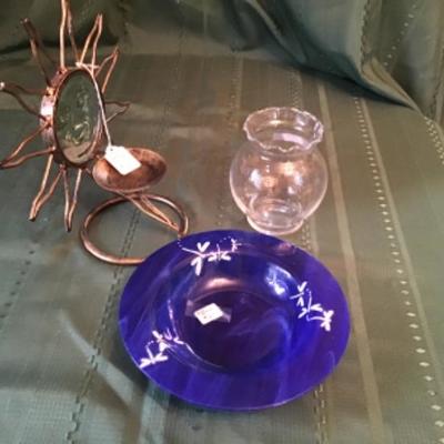 #k70. Blue glass bowl, sun candle holder and bud vase