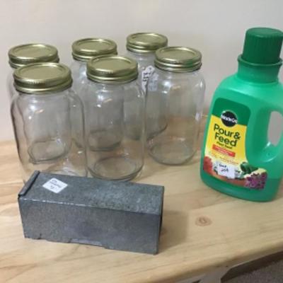 #hc14. 6 quart jars, vintage mouse trap, partial plant feed