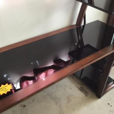 #gar27.  Wood and smoke glass desk with pleather office chair