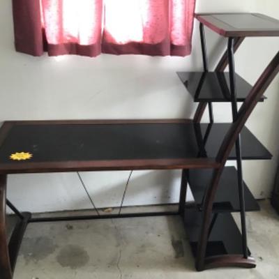 #gar27.  Wood and smoke glass desk with pleather office chair