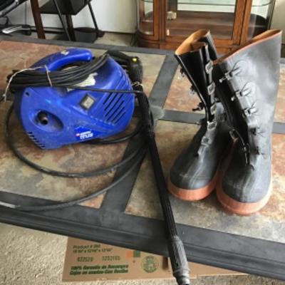 #gar37.  Campbell Hausfeld 1300 psi 1.6 gpm pressure washer and size 10 galoshes