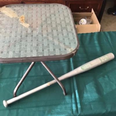#gar41.  Louisville slugger B-52 softball bat and 16 in. Square patio side table