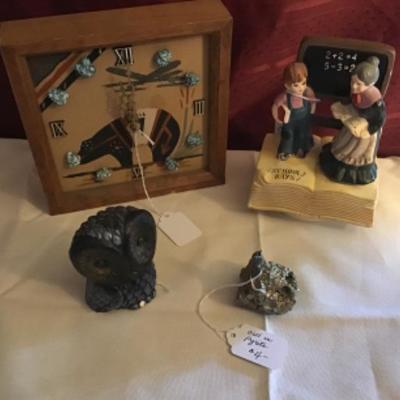 #fr9.  Clock with turquoise stones, owls, music box and figurine