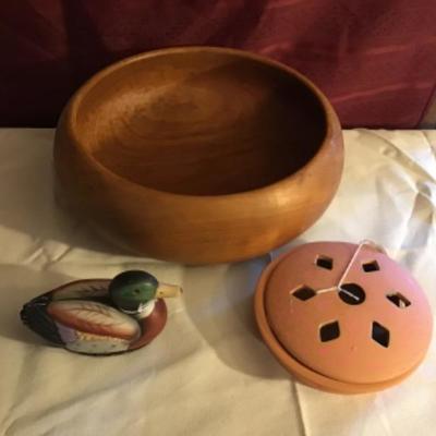 #fr12.  12 inch wood bowl, incense burner, porcelain duck lint brush