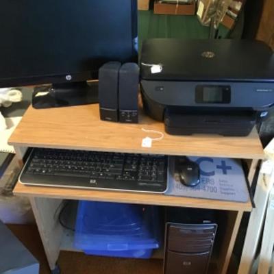 #fr28. HP computer, monitor, CPU, keyboard, mouse, printer and desk
