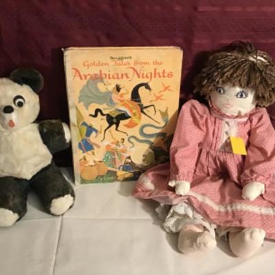 #fr47.   Vintage doll, panda bear and book
