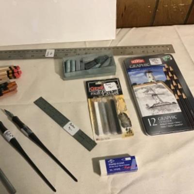 #p11.  Artist pencils, rulers, etc., three 9â€œ x 12â€œ canvas boards