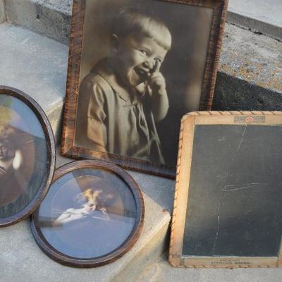 Vintage Framed Photographs and an antique school slate