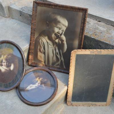 Vintage Framed Photographs and an antique school slate