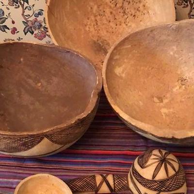 African Carved GOURDS with Ladles Lot