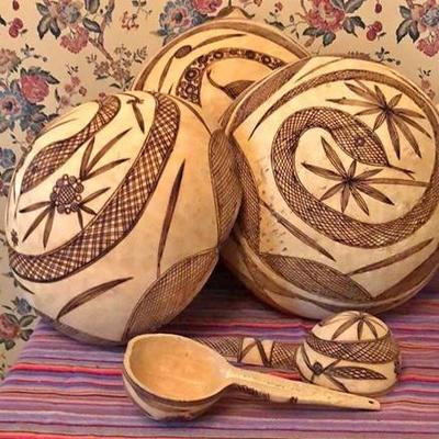African Carved GOURDS with Ladles Lot