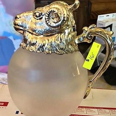 Pewter / Glass Ram Pitcher - Decorative or Bar