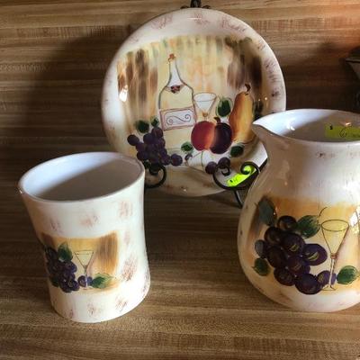 Lot of fruit decorated decor: Pitcher, Plate, Canister