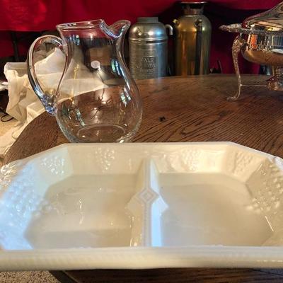 Glass Water Pitcher  and Cream-color Serving Platter