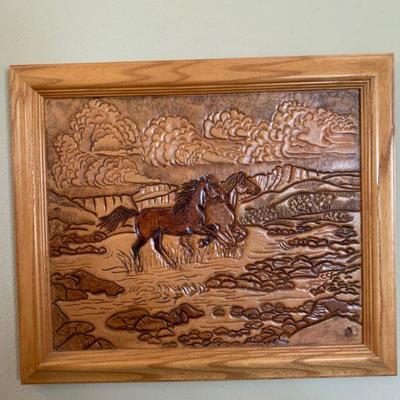 Framed leather wall art / horses | EstateSales.org