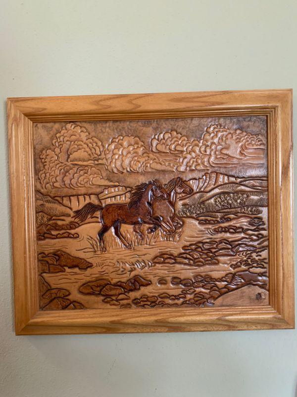 Framed leather wall art / horses