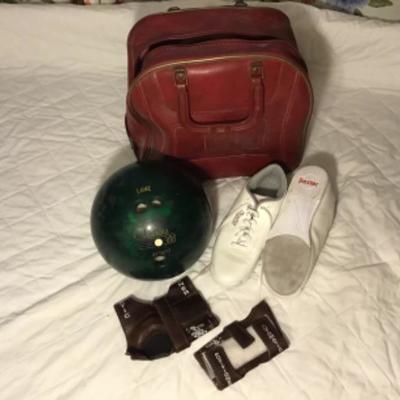 #DBR-26.  Vintage bowling ball, bag, and shoes