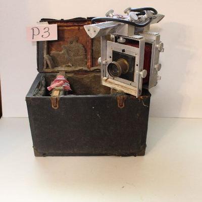 P3 Large Antique Folding Old Portrait Red Bellows Camera in Original Box -Untested