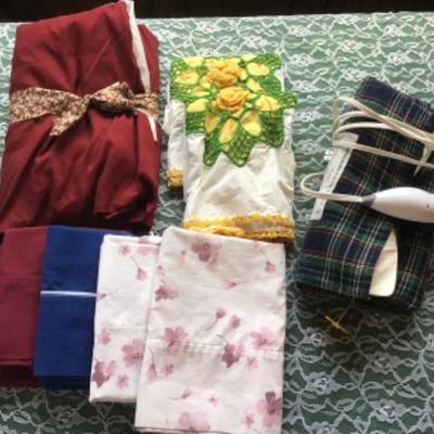 #mb15.  Vintage pillowcases, heating pad, queen burgundy dust ruffle