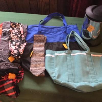 #mb65.  Trashcan, four scarves, one tie, two totes