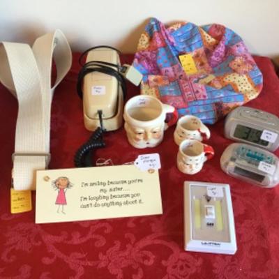 #gb13. Miscellaneous lot: hair cover, clocks, plaque, phone and more