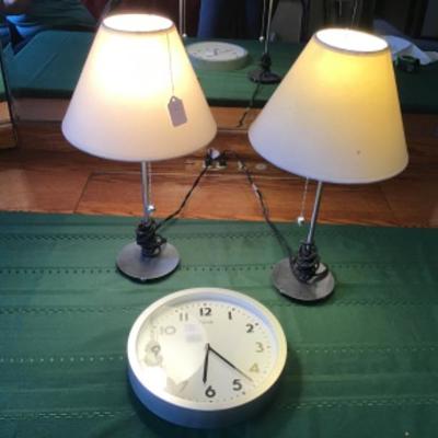 #gb33.  Two 19-inch tall silver lamps and clock