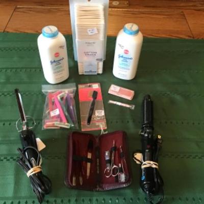 #gb37.  Curling irons, new baby powder and cotton swabs