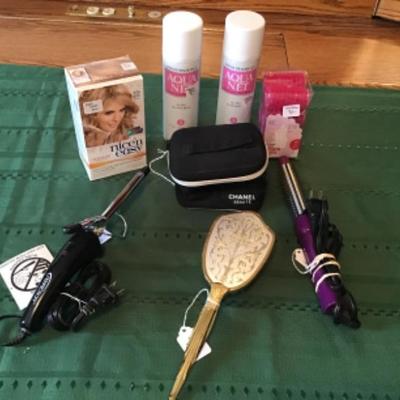 #gb40.  Hair coloring, bag, irons, vintage vanity brush and miscellaneous