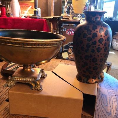 Footed bowl and leopard print vase