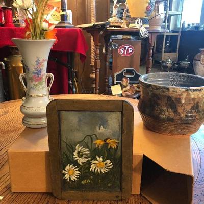 Lot daisy picture,vase and blue bowl