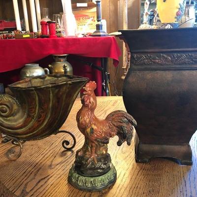 Home decor with rooster umbrella stand and shell