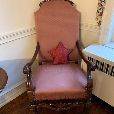 PINK UPHOLSTERED AND STUDDED BARONIAL CHAIR $150