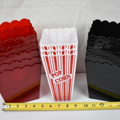 13 Plastic Popcorn Buckets: 5 Red, 5 Black, 3 red/white striped - New