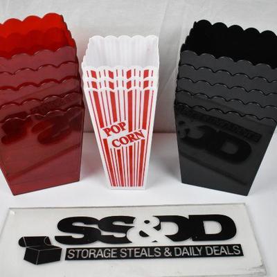 13 Plastic Popcorn Buckets: 5 Red, 5 Black, 3 red/white striped - New